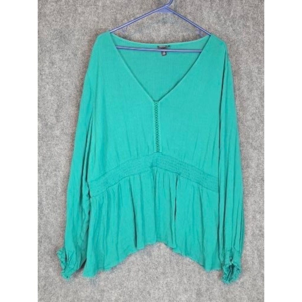 Torrid Women's Teal Peasant Blouse Long Sleeve Elastic Waist V-Neck Plus Sz 4